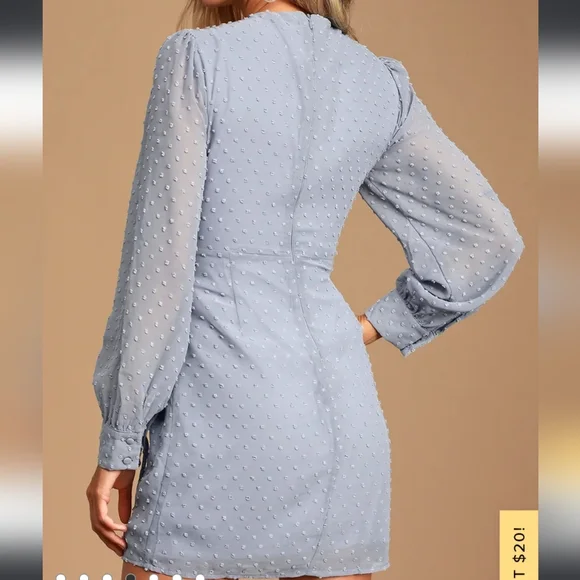 Lulu's Much Love Light Blue Swiss Dot Long Sleeve Tie-Front Mini Dress - Picture 3 of 8